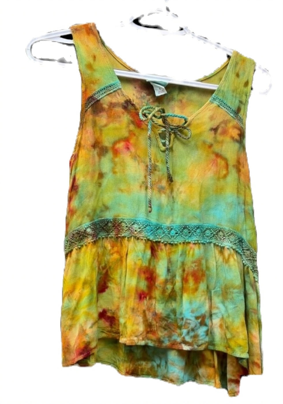 Tie‑dye tank top in warm sunset colors shown in both urban and outdoor settings.