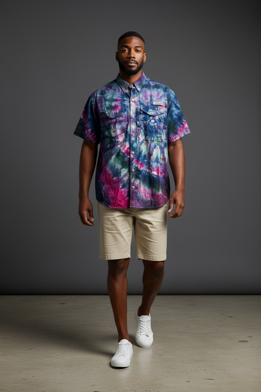 Man wearing blue and purple spiral tie dye Columbia shirt