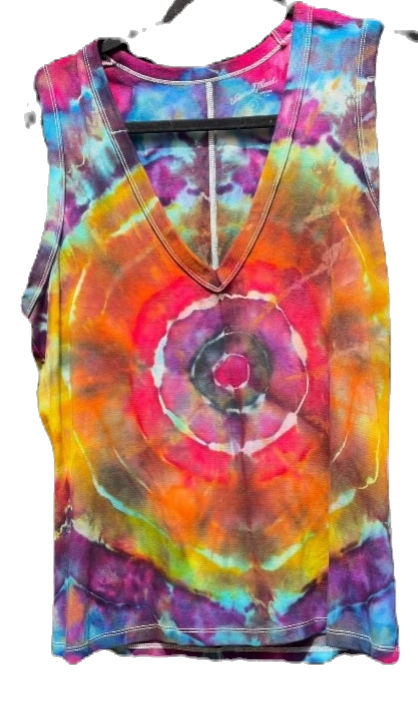 Rainbow mandala tie‑dye tank top with bright sunset colors, front and back view.