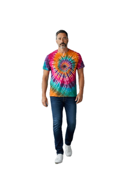 Guy wearing a spiral tie dye t-shirt - handmade by - cool handmadeshit