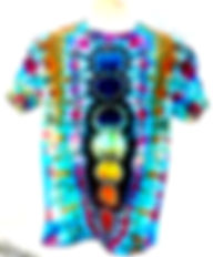 Handmade tie‑dye t‑shirt with a bright vertical rainbow pattern displayed flat.