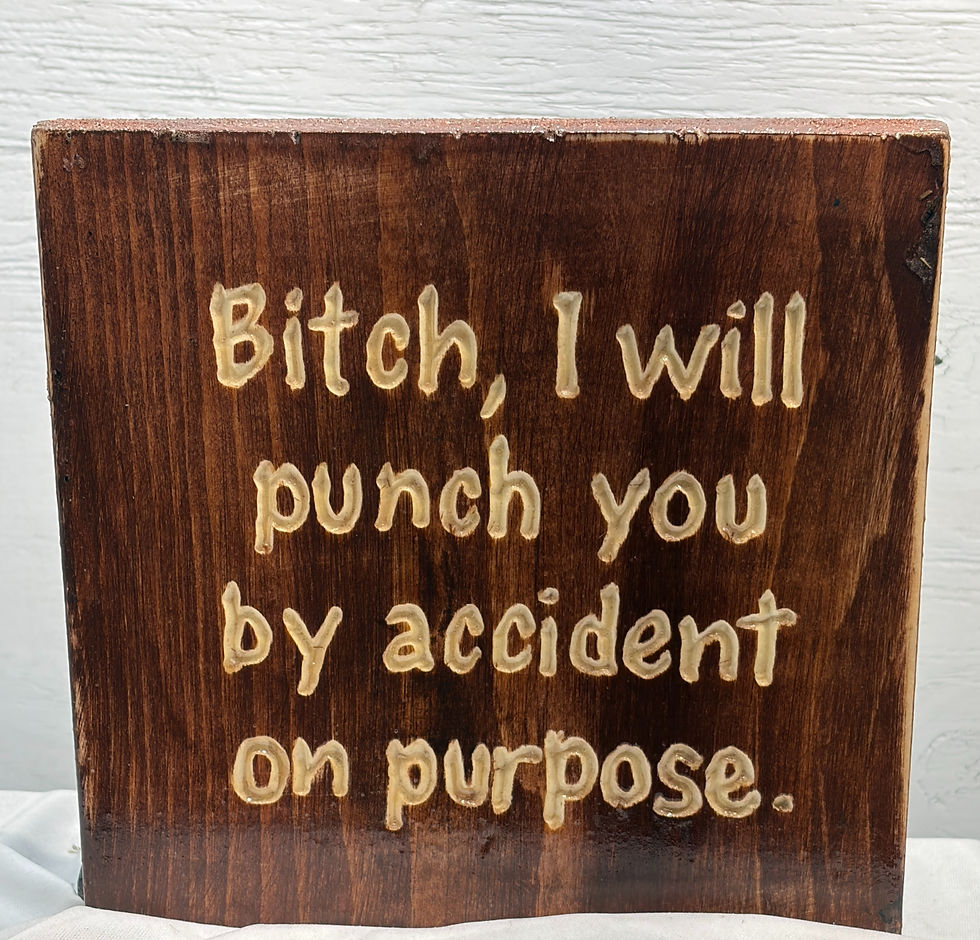 Bitch, I will punch you by acciddent- snarky handcarved sign