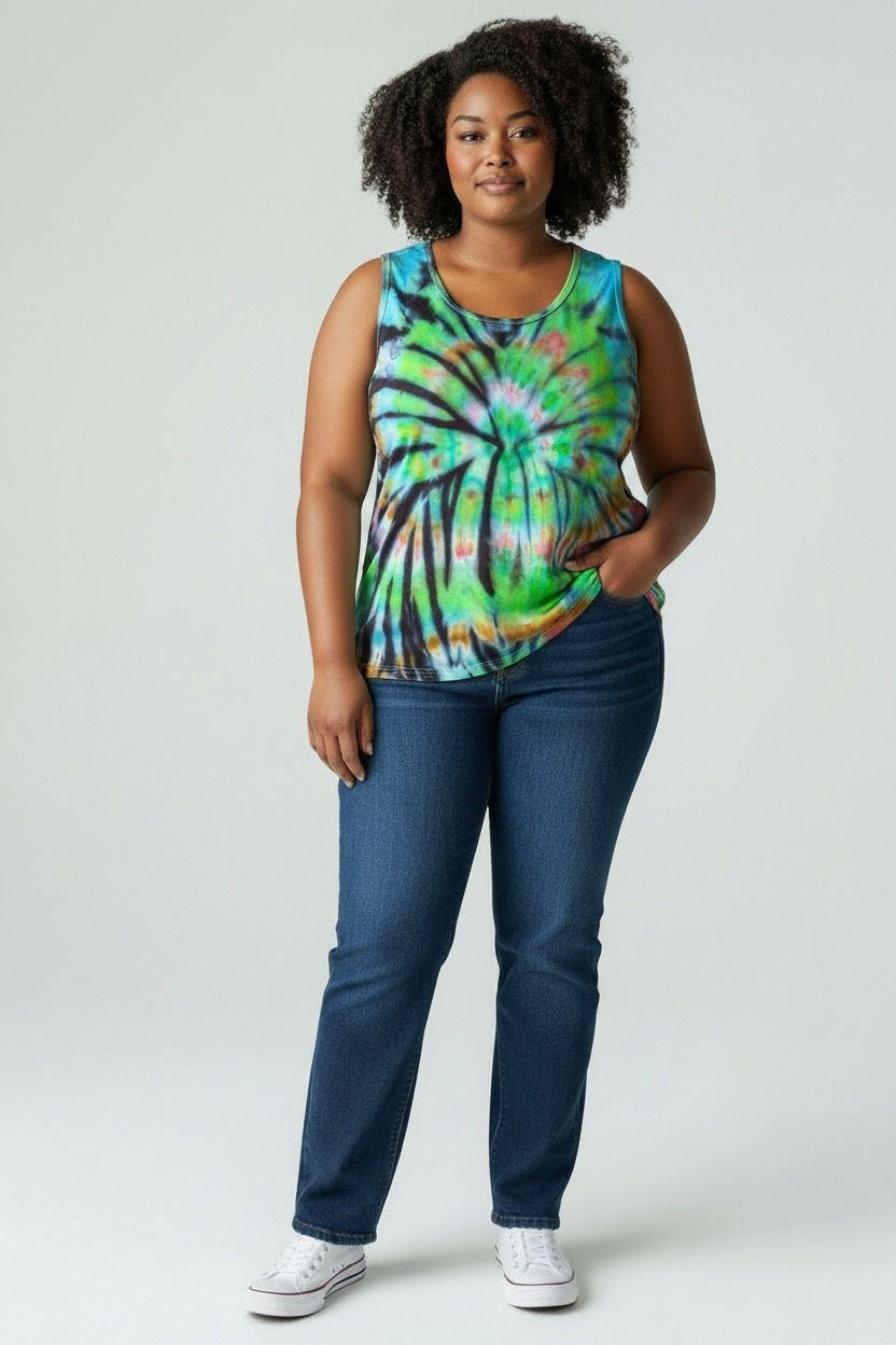 Green and blue ripple tie‑dye tank top modeled indoors.