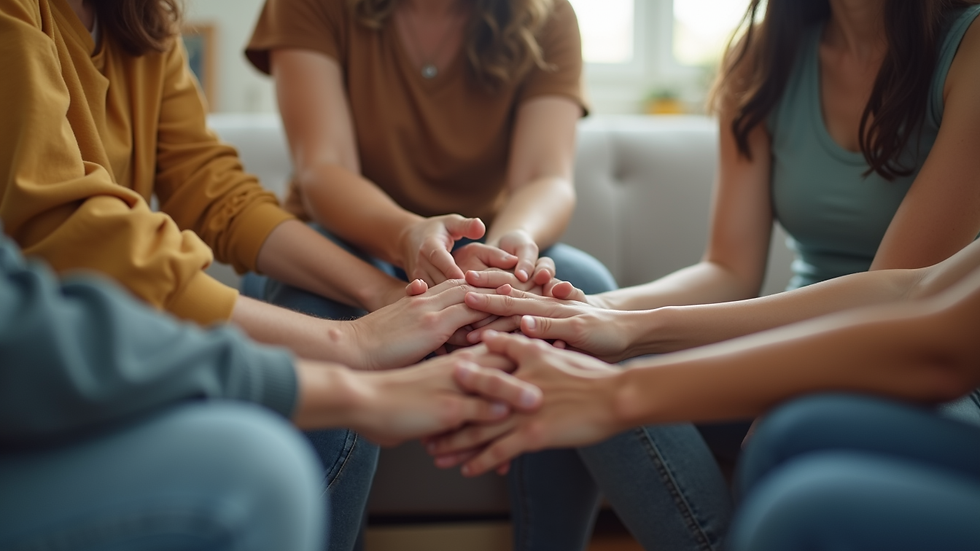 Close-up of a family holding hands in a circle during a therapy session