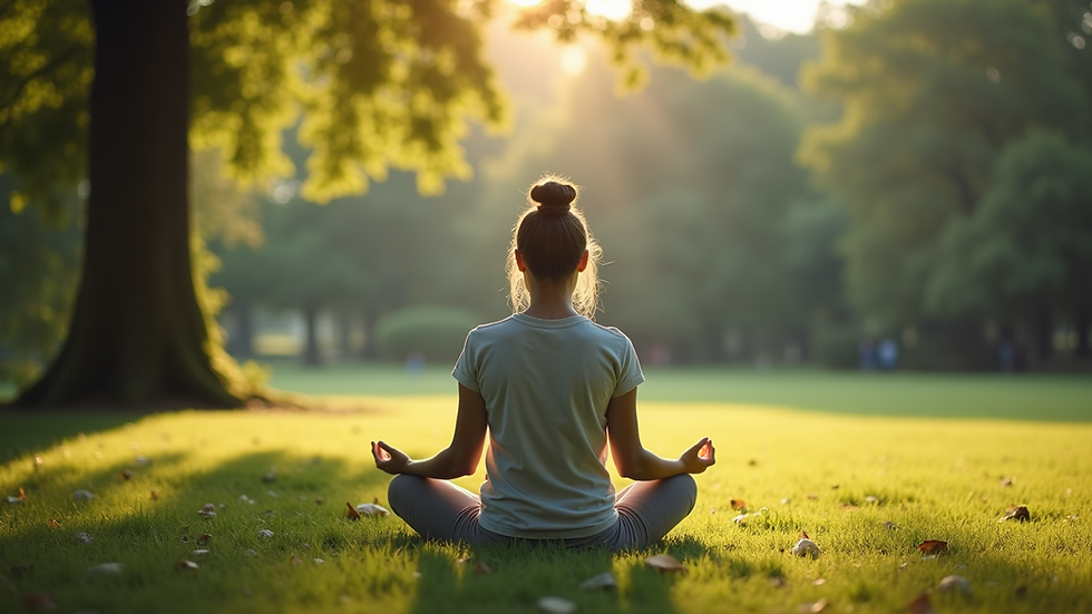Vista a nivel de ojo de una persona meditando en un parque tranquilo