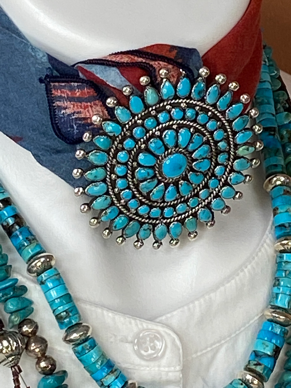 Thumbnail: Vintage Zuni Turquoise & Sterling Silver Cluster Pin w/Shepherds Hook Converter