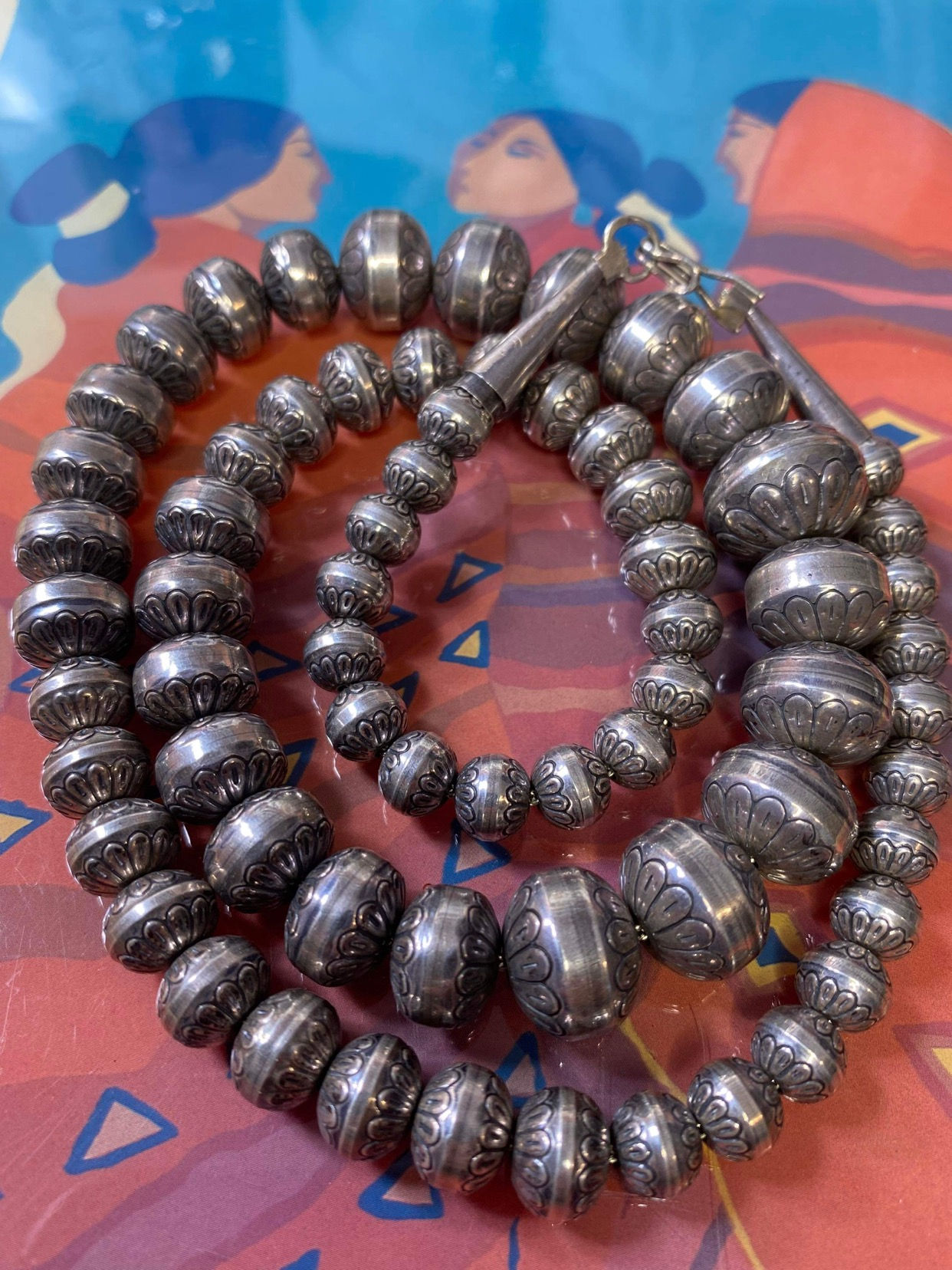 Graduated Hand-Stamped Sterling Silver 24 Inch Pearl Necklace