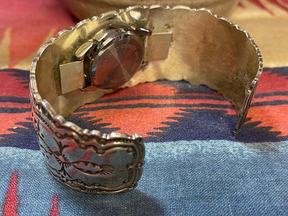 Thumbnail: Sterling Silver Stamped "WATCH" Cuff w/Working "Nadia" Kokopelli Quartz Watch