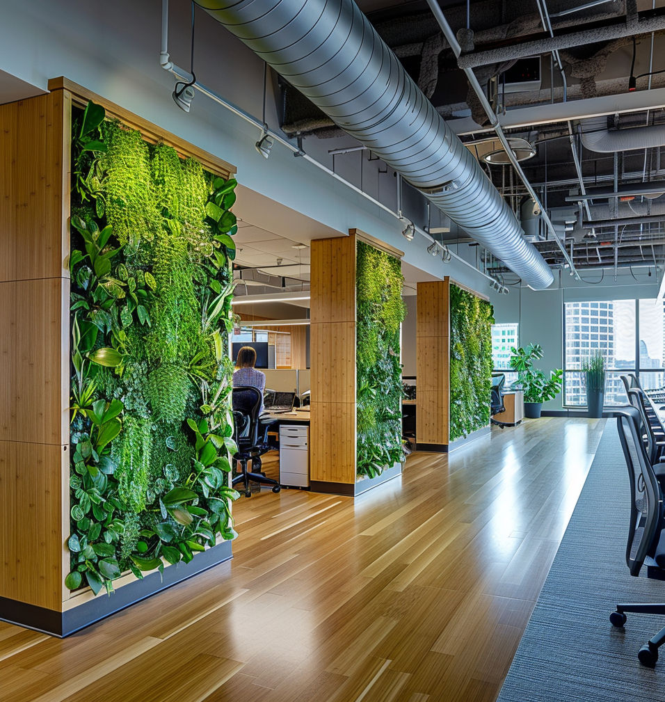 An office makeover using CALI Flooring’s bamboo flooring and modular green wall systems resulted in a more inviting and productive workspace.
