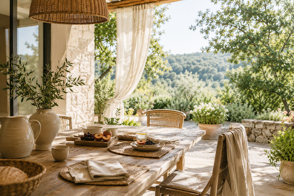 An outdoor pergola overlooking the mountainside, with soft curtains pulled back and a natural chandelier hanging over a wooden table.