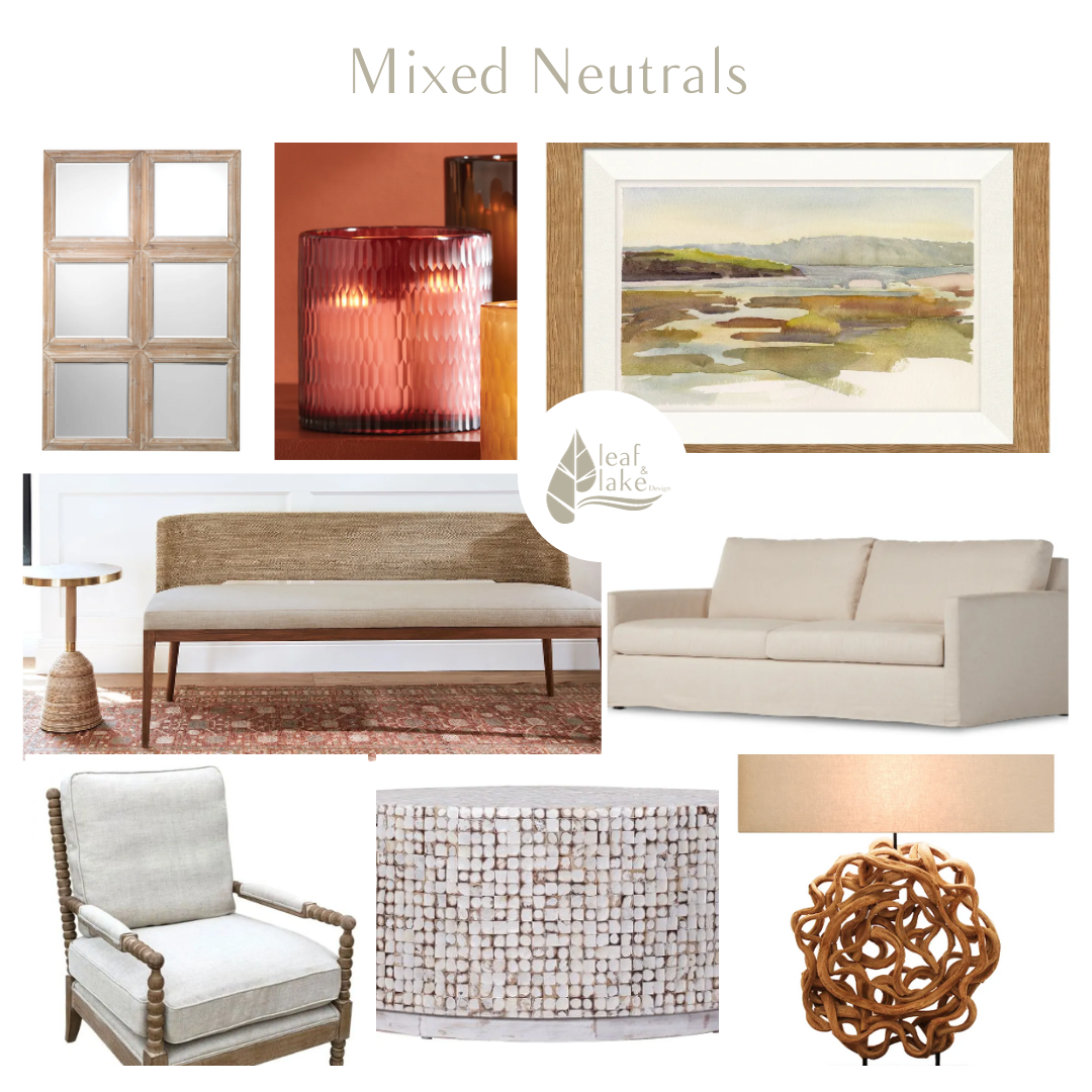 Mood board with neutral furniture, decor, art and lighting for a soft inviting design.