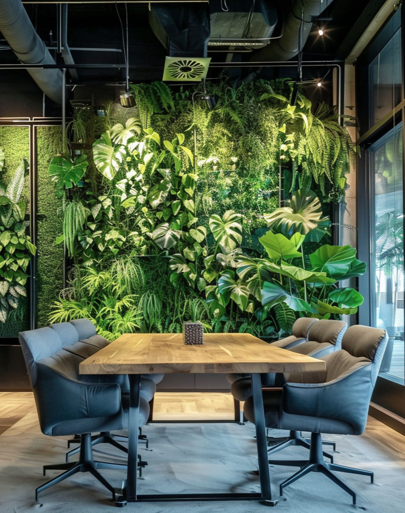 a conference room interior design for biophilic design benefits such as physical health, mental health and productivity
