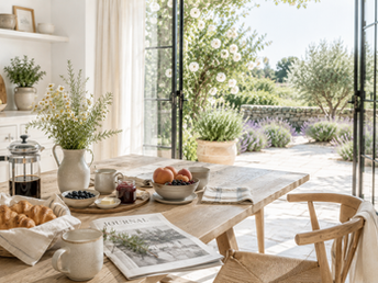 A bright European-inspired breakfast room with a linen-covered table, fresh pastries, coffee, and morning light streaming through open doors.