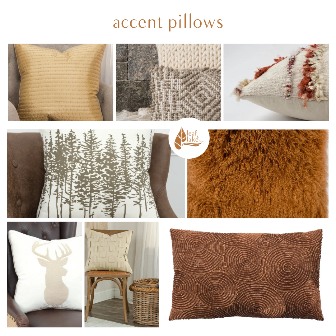 accent pillows with coppers, browns golds and sage greens.