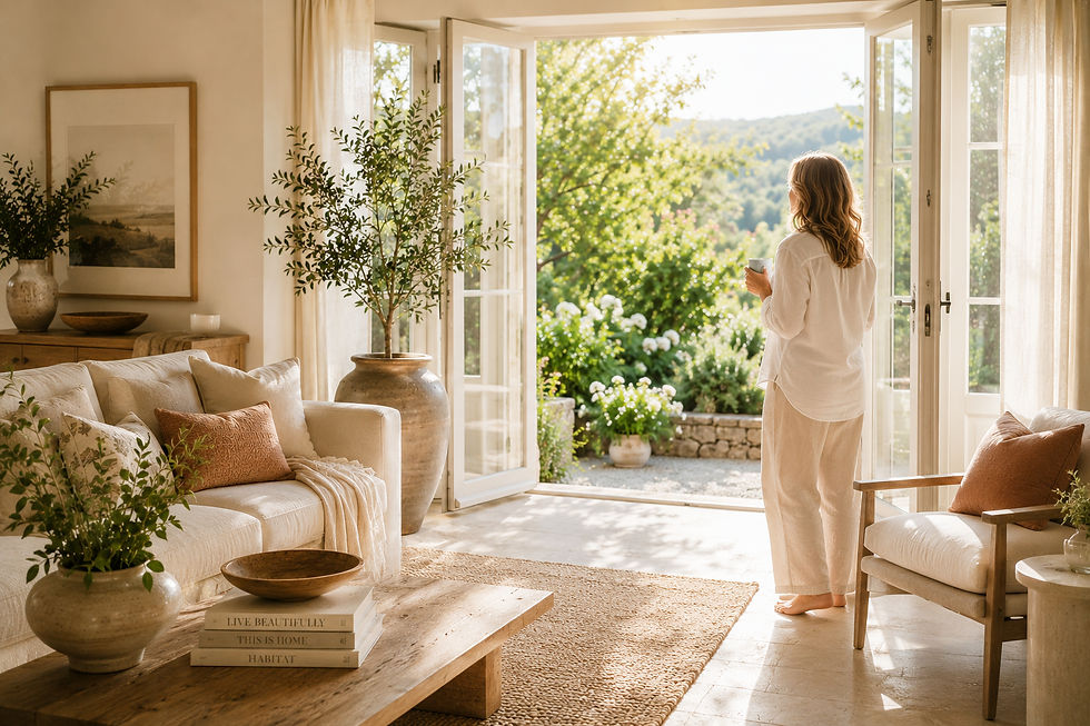 A woman standing at the French doors of her sitting room overlooking the mountainside garden.