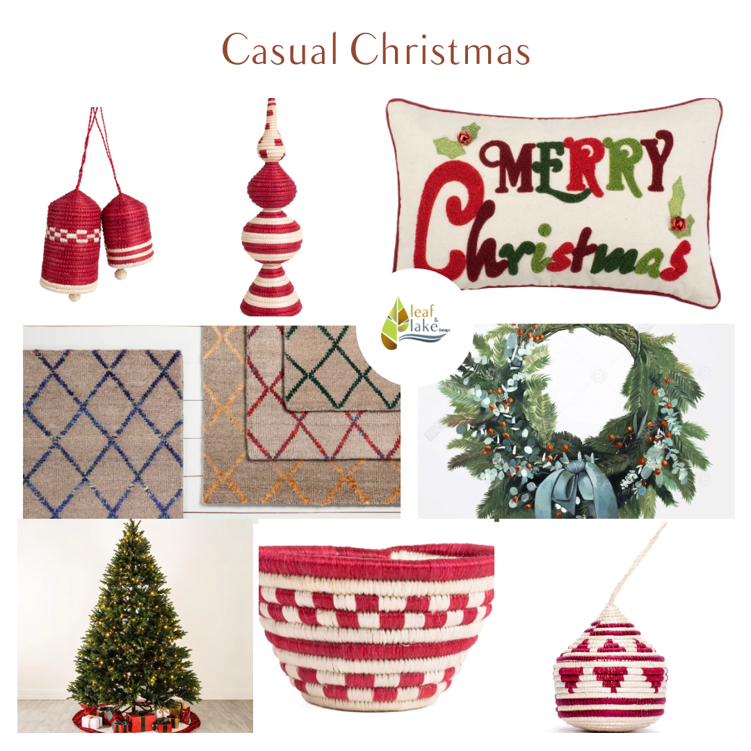 A Casual Christmas Moodboard. Red and white woven decor with Merry Christmas throw pillows.