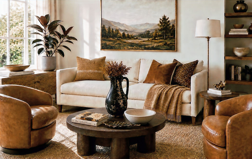 Earthy sitting room with an ivory sofa, caramel leather chairs, dark wood coffee table, camel throw, warm brown pillows, brass floor lamp, landscape artwork, natural woven rug, and potted rubber tree.
