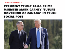 U.S. President Donald Trump referred to Prime Minister Mark Carney as the “future Governor of Canada” in a social post about protecting the Great Lakes.