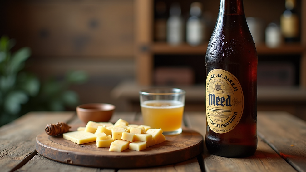 Eye-level view of a rustic wooden table with a mead bottle and a cheese platter