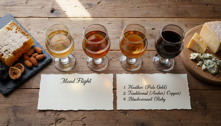 Overhead view of a mead tasting flight with honey and small snacks