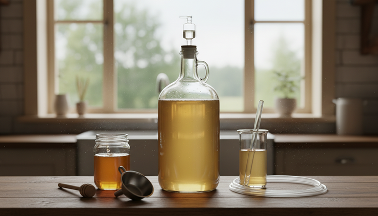 Eye-level view of a glass jug of pale dry mead beside honey and brewing tools