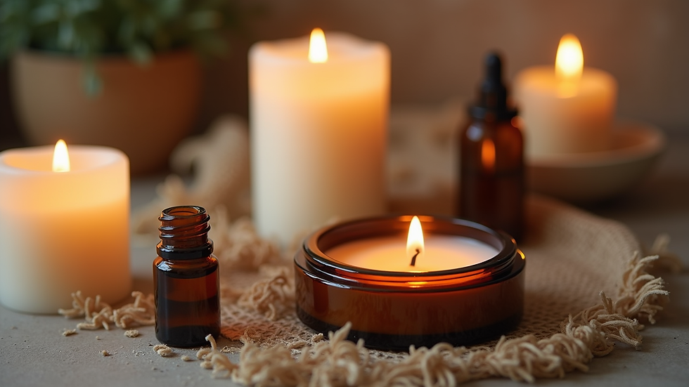 Close-up view of essential oils and candles used in aromatherapy
