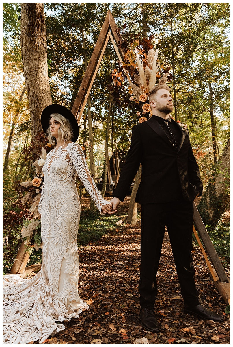 Woodsy Boho Autumn Elopement Bride & Groom Portraits
