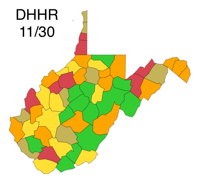 WV DHHR Color Coded Map for Monday, November 30th
