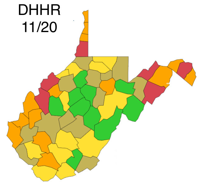 WV DHHR ColorCoded Map for Friday, November 20