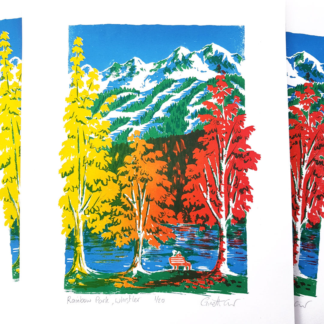Screenprint of red and yellow maple trees in Whistler Canada by Ginette Guiver