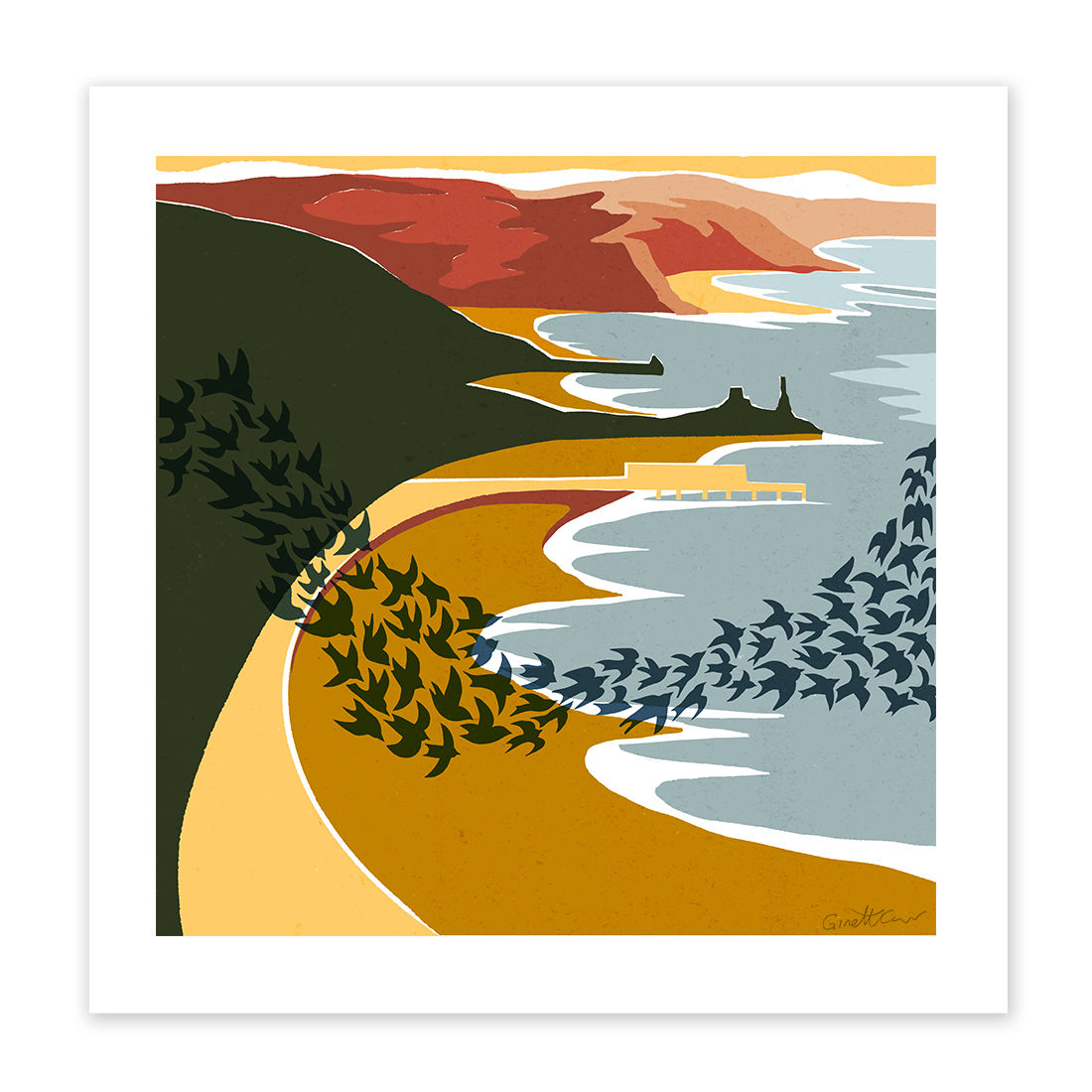 Aberystwyth Murmuration | seaside landscape vintage travel poster art print