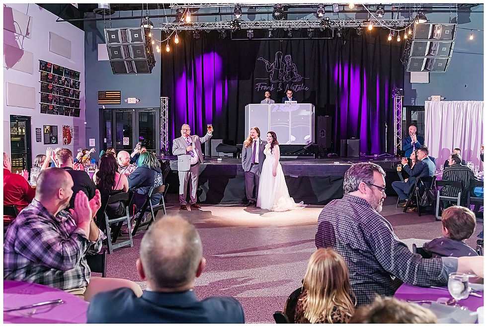 Ceremony Broken Goblet Brewery Reception Purple Uplighting Custom wedding sign light Andalusia PA wedding park long hair groom purple hair heavy metal
