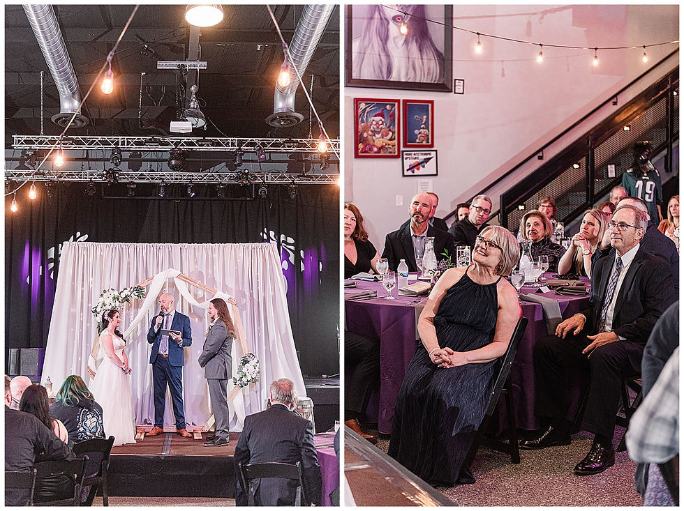 Ceremony Broken Goblet Brewery Reception Purple Uplighting Custom wedding sign light Andalusia PA wedding park long hair groom purple hair heavy metal