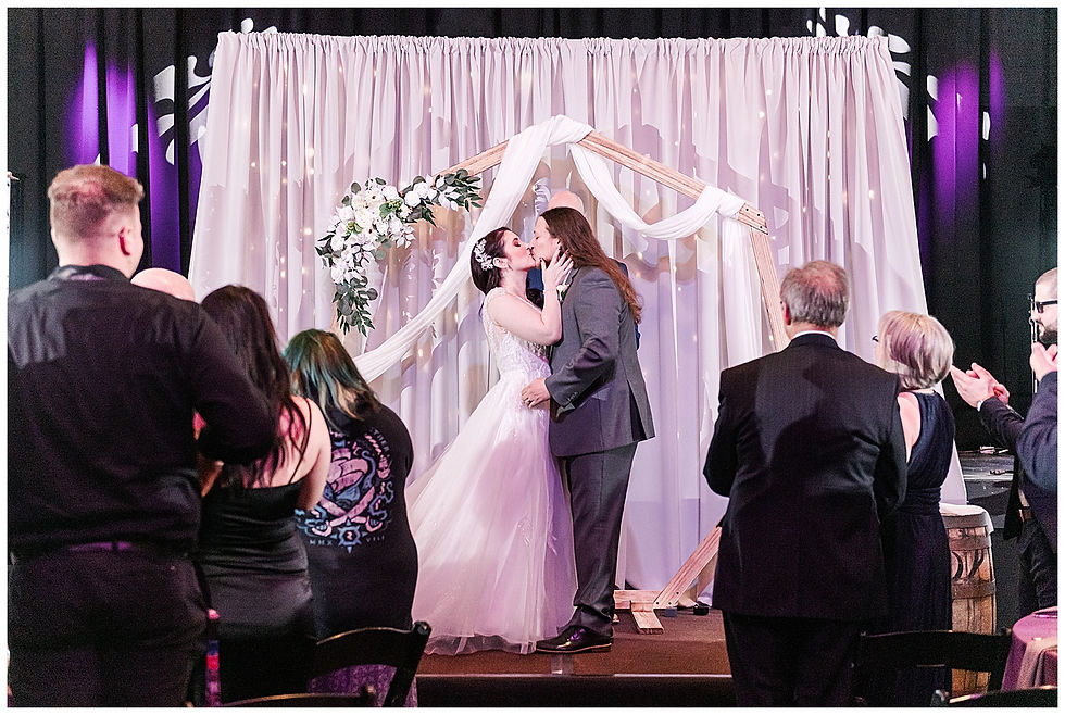 Ceremony Broken Goblet Brewery Reception Purple Uplighting Custom wedding sign light Andalusia PA wedding park long hair groom purple hair heavy metal