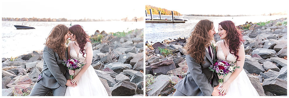 Portraits water rock jetty trees fall first look at bristol Warf Andalusia PA wedding park long hair groom purple hair heavy metal