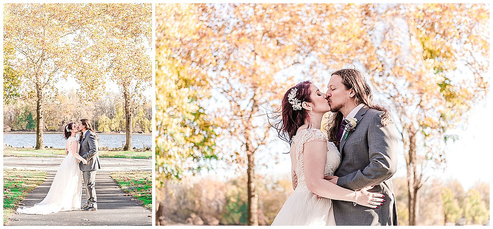 Portraits water rock jetty trees fall first look at bristol Warf Andalusia PA wedding park long hair groom purple hair heavy metal
