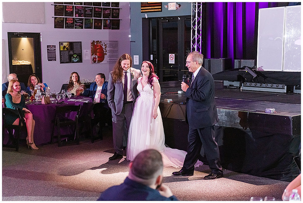 Ceremony Broken Goblet Brewery Reception Purple Uplighting Custom wedding sign light Andalusia PA wedding park long hair groom purple hair heavy metal