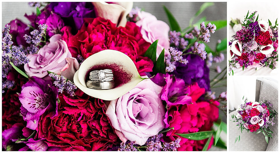 Wedding rings and engagement ring in purple bouquet in the calla lily flower