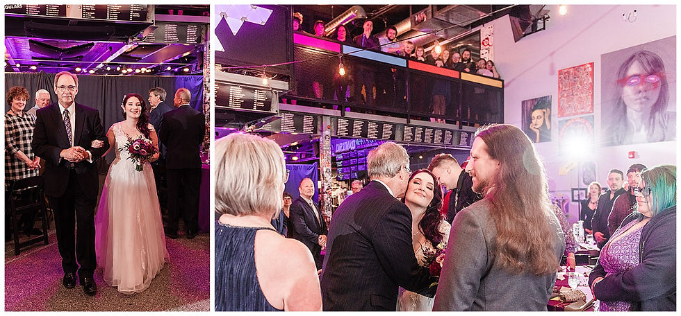 Ceremony Broken Goblet Brewery Reception Purple Uplighting Custom wedding sign light Andalusia PA wedding park long hair groom purple hair heavy metal