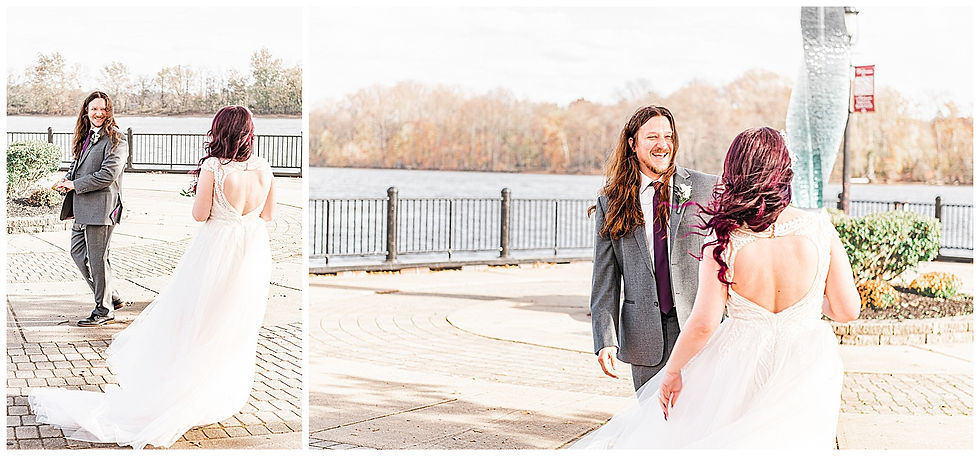 first look at bristol Warf Andalusia PA wedding park long hair groom purple hair heavy metal