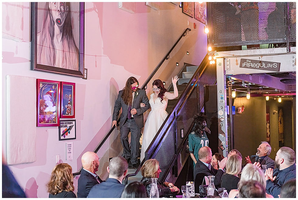 Ceremony Broken Goblet Brewery Reception Purple Uplighting Custom wedding sign light Andalusia PA wedding park long hair groom purple hair heavy metal Grand Entrance