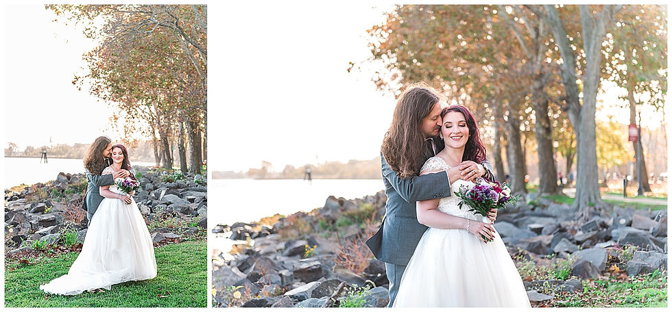 Portraits water rock jetty trees fall first look at bristol Warf Andalusia PA wedding park long hair groom purple hair heavy metal