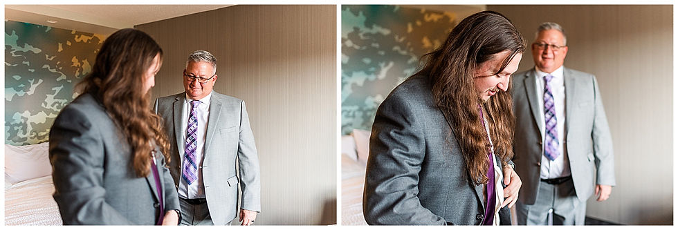 Groom getting ready with father of the groom Long hair Groom Andalusia PA wedding hotel