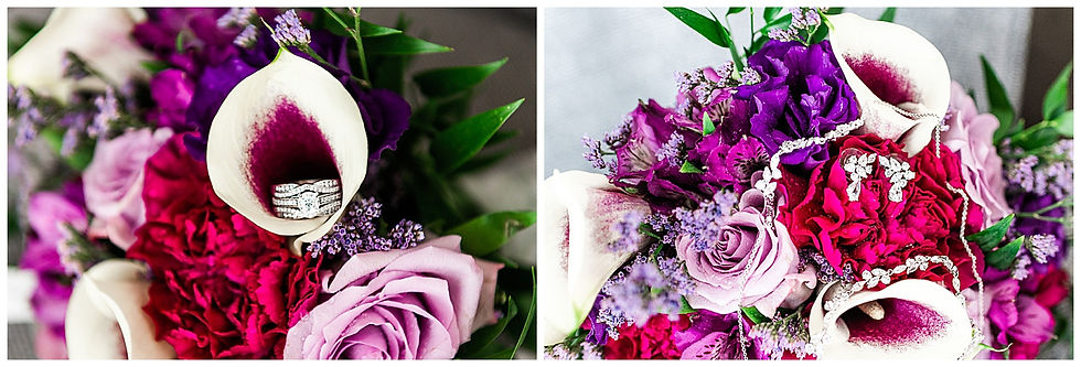 bridal set in purple flower bridal earrings and bracelet on bouquet