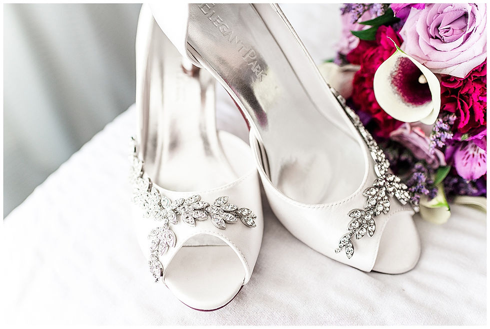 Wedding Shoes purple bouquet on white fabric