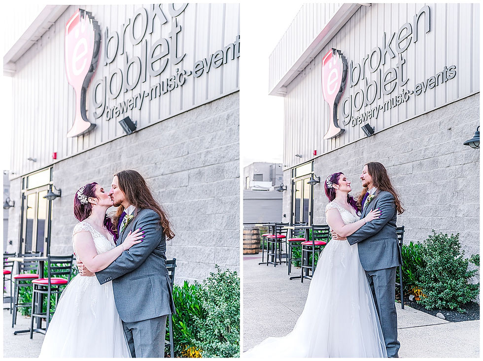 Ceremony Broken Goblet Brewery Reception Purple Uplighting Custom wedding sign light Andalusia PA wedding park long hair groom purple hair heavy metal