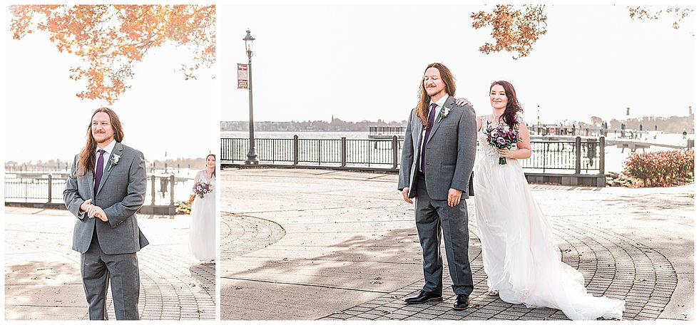 first look at bristol Warf Andalusia PA wedding park long hair groom purple hair heavy metal