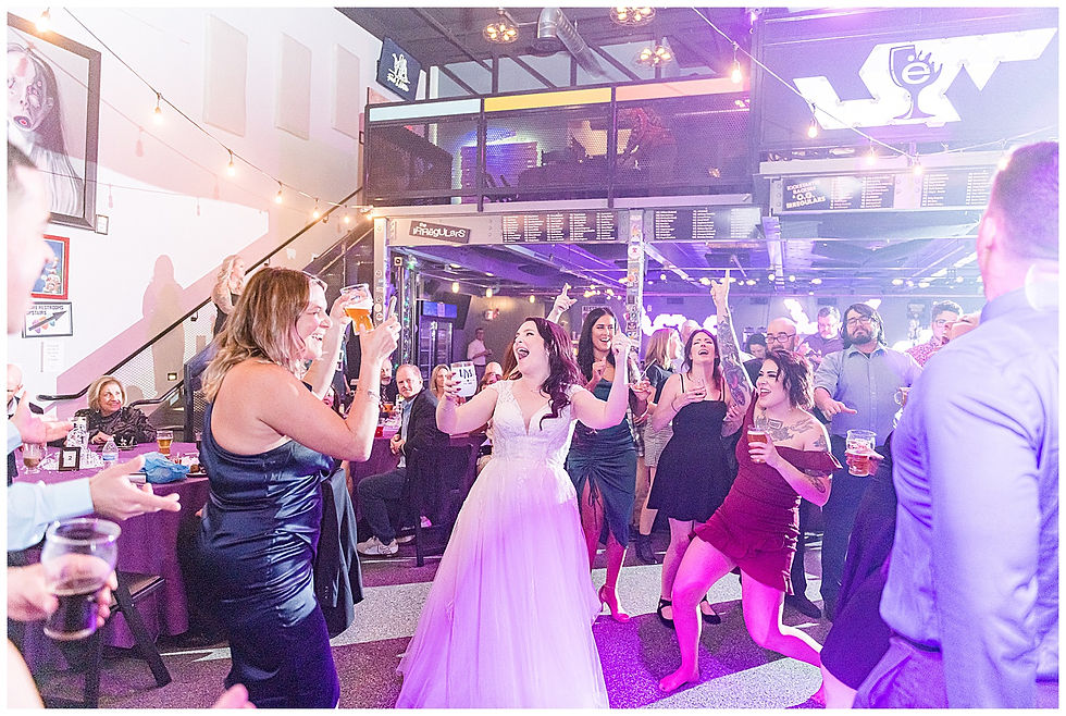 Ceremony Broken Goblet Brewery Reception Purple Uplighting Custom wedding sign light Andalusia PA wedding park long hair groom purple hair heavy metal party fun dancing