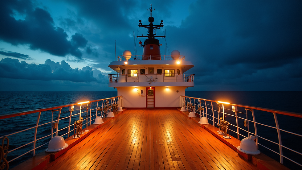Eye-level view of marine vessel deck with installed lighting