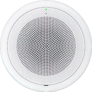 Overhead view of a white Grandstream GSC3506 SIP multicast intercom ceiling speaker with a perforated grill cover